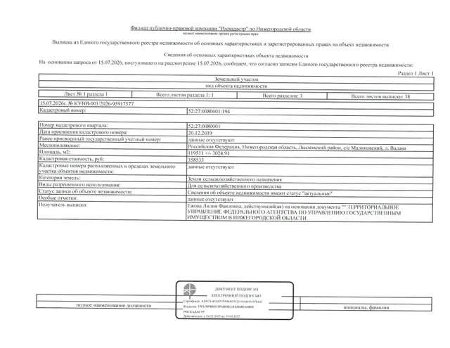 Повторные торги. Земельный участок площадью 119511 +/- 3024,91 кв. м, кадастровый (или условный) номер 52:27:0080001:194, категория земель - земли сельскохозяйственного назначения, вид разрешенного использования - для сельскохозяйственного производства. Местоположение: Нижегородская обл., Лысковский р-н, д. Валава