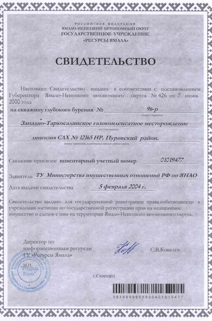 Скважина № 96-Р глубиной 3135 м, кадастровый номер 89:05:020509:2811, РНФИ П12870000069, расположенная по адресу: Ямало-Ненецкий автономный округ, р-н Пуровский, Западно-Таркосалинское газоконденсатное месторождение