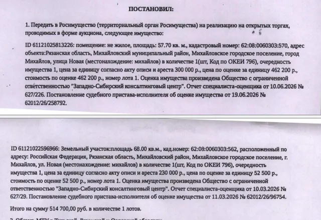 Здание, назначение: нежилое, наименование: гараж, площадь 57,7 кв.м., кадастровый номер 62:08:0060303:570, местоположение: Рязанская обл, Михайловский м.р-н, Михайловское г.п., г. Михайлов, ул. Новая. Земельный участок, земли населенных пунктов, ВРИ: объекты гаражного назначения, площадь 68 +/- 2.88 кв.м., кадастровый номер 62:08:0060303:562, местоположение: Рязанская обл, Михайловский р-н, Михайловское г.п., г. Михайлов, ул. Новая. Взыскатель: ПАО «Сбербанк России». Должник: Чекалин В.В.