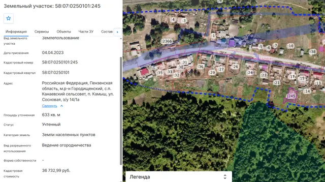 Продажа земельного участка с кадастровым номером  58:07:0250101:245, местоположение – Российская Федерация, Пензенская область, Городищенский район, Канаевский сельсовет, п. Камыш, ул. Сосновая, з/у 14/1а