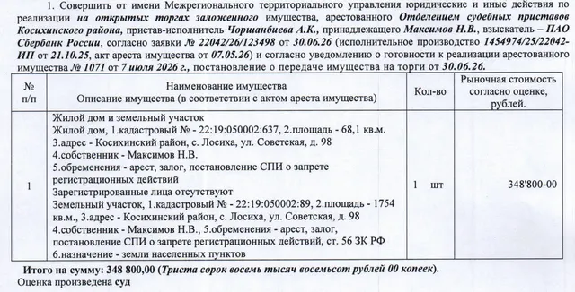 Лот№1 Жилой дом, 1996 г.п., кадастровый № 22:19:050002:637, площадь 68,1 кв.м., количество этажей – 1, и земельный участок, назначение - земли населенных пунктов для ведения личного подсобного хозяйства, кадастровый № 22:19:050002:89, площадь 1754 кв.м., адрес: Алтайский край, Косихинский район, с. Лосиха, ул. Советская, д. 98. Зарегистрированные лица отсутствуют.