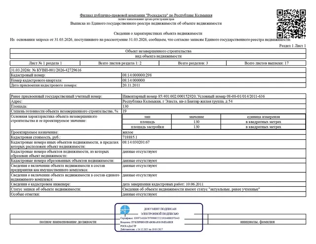 Объект незавершенного строительства проектируемой площадью 130 кв. м, степень готовности объекта незавершенного строительства 19 %, проектируемое назначение – жилое, кадастровый номер 08:14:000000:298; земельный участок общей площадью  600 кв.м., категория земель – земли населенных пунктов, вид разрешенного использования – для индивидуального жилищного строительства, кадастровый номер – 08:14:030201:67, местонахождение: Республика Калмыкия, г. Элиста, жилая группа «Бантир», 54.