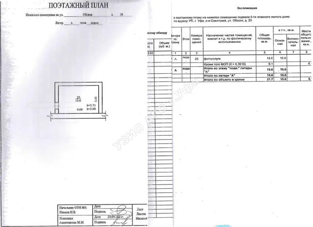 Право на заключение договора аренды объекта муниципального нежилого фонда – нежилые помещения подвала пятиэтажного жилого здания, расположенного по адресу: Республика Башкортостан, г. Уфа, Советский район, ул. Обская, 20