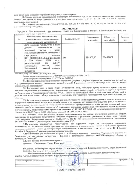 Доля в размере 460/25300 га в праве общей долевой собственности на земельный участок площадью 2530000 кв. м, кадастровый номер 31:11:0000000:482. Имущество обременено: арест, запрещение регистрации. Имущество принадлежит на праве собственности Оболенцевой Е.П. Взыскатель: Министерство земельных и имущественных отношений Белгородской области. Основание реализации: исполнительный лист Ракитянского районного суда Белгородской области по делу № 2-552/2024 от 09.09.2024.