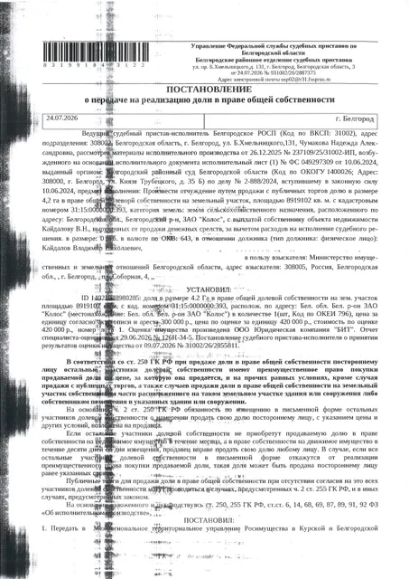 Доля в размере 4,2 га в праве общей долевой собственности на земельный участок площадью 8919102 кв. м, кадастровый номер 31:15:0000000:393. Имущество обременено: арест, запрещение регистрации. Имущество принадлежит на праве собственности Кайдалову В.Н. Взыскатель: Министерство земельных и имущественных отношений Белгородской области. Основание реализации: исполнительный лист Белгородского районного суда Белгородской области по делу № 2-888/2024 от 26.04.2024.
