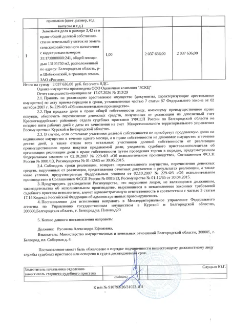 Доля в размере 3,42 га в праве общей долевой собственности на земельный участок площадью 13195750 кв. м, кадастровый номер 31:17:0000000:241. Имущество обременено: арест, запрещение регистрации. Имущество принадлежит на праве собственности Русановой А.Е. Взыскатель: Министерство имущественных и земельных отношений Белгородской области. Основание реализации: исполнительный лист Шебекинского районного суда Белгородской области по делу № 2-1340/2024 от 03.10.2024.