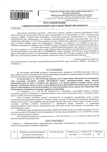 Доля в размере 3,42 га в праве общей долевой собственности на земельный участок площадью 13093150 кв. м, кадастровый номер 31:17:0000000:241. Имущество обременено: арест, запрещение регистрации. Имущество принадлежит на праве собственности Остапову В.П. Взыскатель: Министерство имущественных и земельных отношений Белгородской области. Основание реализации: исполнительный лист Шебекинского районного суда Белгородской области по делу № 2-1108/2024 от 21.08.2024.