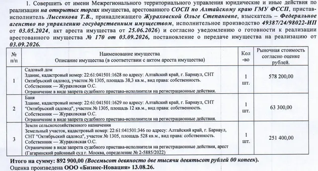 Лот№8 Нежилое здание (садовый дом), 1975 г.п., кадастровый № 22:61:041501:1628, площадь 38,3 кв.м., количество этажей – 2, нежилое здание (баня), 1993 г.п., кадастровый № 22:61:041501:1629, площадь 12 кв.м., количество этажей – 1, и земельный участок, назначение – земли сельскохозяйственного назначения для ведения садоводства, кадастровый № 22:61:041501:346, площадь 528 кв.м., адрес: Алтайский край, г. Барнаул, СНТ «Октябрьский садовод», участок № 1305.