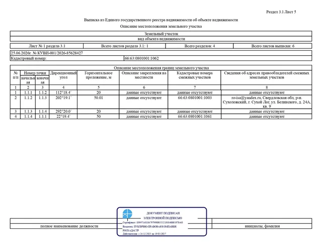Лот № 1 – продажа земельного участка с кадастровым номером 66:63:0801001:1062, расположенного по адресу: Российская Федерация, Свердловская область, муниципальный округ Сухой Лог, село Рудянское, улица Молодежная, земельный участок 26 (категория земель – земли населенных пунктов), вид разрешенного использования – Для индивидуального жилищного строительства, общей площадью 1000,0 кв.м, территориальная зона – Ж3 – зона застройки индивидуальными жилыми домами в сельских населенных пунктах