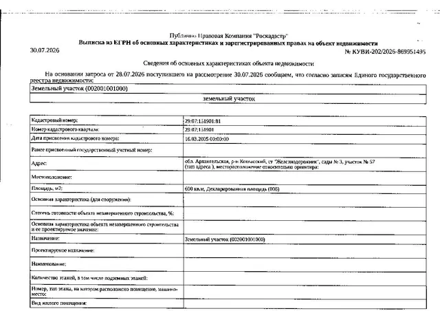 Земельный участок площадью 600 кв.м, кадастровый номер 29:07:151901:81, категория земель - земли сельскохозяйственного назначения, вид разрешенного использования - для ведения садоводства и огородничества. Границы земельного участка не установлены. Местонахождение: Архангельская обл., Котласский р-н, ст. "Железнодорожники", сады № 3, участок № 57
