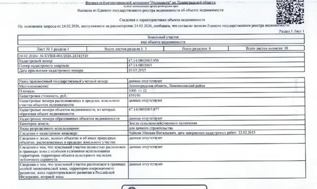 Земельный участок общей площадью 1000 кв.м., кад.№ 47:14:0802003:950 расположенный по адресу: Ленинградская область, Ломоносовский район (Земли сельскохозяйственного назначения для дачного строительства).