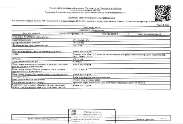 Земельный участок общей площадь 529 кв.м Кадастровый номер 47:14:0648001:156, ( Земли сельскохозяйственного назначения для коллективного огородничества )расположенный по адресу: Ленинградская область, Ломоносовский муниципальный район, Виллозское городское поселение, тер. ОНТ "Урожай", з/у 28
