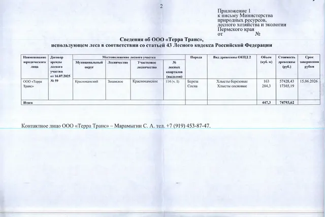 Лот № 1(1) (от 24.06.2026 № 30-01-20.2-4203 (вх. № 59-12179 от 30.06.2026). Количество и породный состав древесины (вся древесина – хлысты): береза – 163 куб.м., сосна – 284,3 куб.м. Всего: 447,3 куб.м.