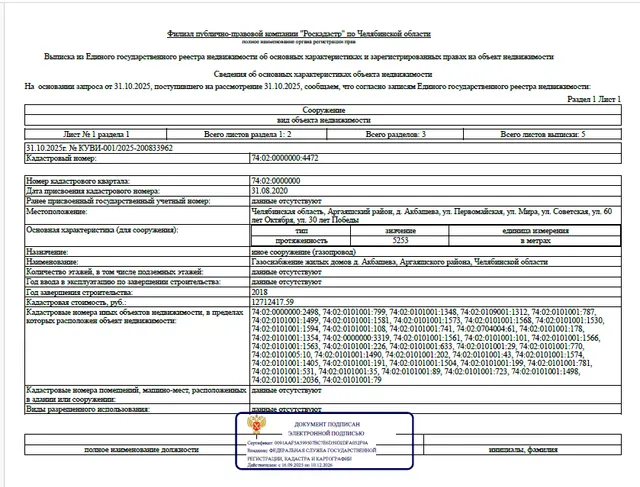 Сооружение -  Газоснабжение жилых домов д. Акбашева, Аргаяшского района, Челябинской области, протяженностью – 5 253 м, кадастровый номер 74:02:0000000:4472, по адресу: Челябинская область, Аргаяшский район, д. Акбашева, ул. Первомайская, ул. Мира, ул. Советская, ул. 60 лет Октября, ул. 30 лет Победы