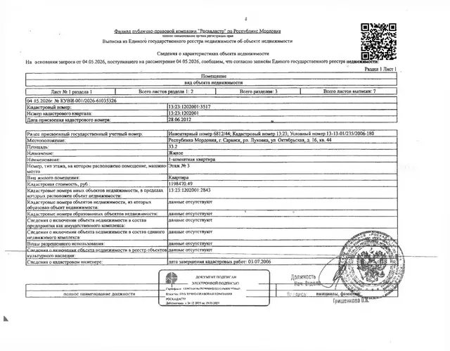 1/3 доля в праве общей долевой собственности на жилое помещение (квартиру) общей площадью 33,2 кв.м.