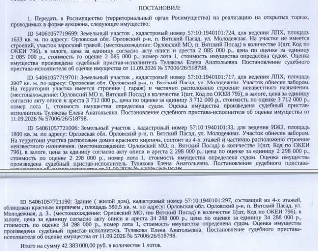 Здание, жилой дом, площадь 580,5 кв.м., кадастровый номер 57:10:1940101:297, адрес: Орловская обл, м.о. Орловский, п. Вятский Посад, ул. Молодежная, д. 3. Земельный участок, категория земель: земли населенных пунктов, ВРИ: для строительства жилого дома, площадь 1800 кв.м., кадастровый номер 57:10:1940101:33, почтовый адрес ориентира: Орловская обл, р-н Орловский, с/п Образцовское, п Вятский Посад. Залогодержатель: Исаев В.В. Должник: Кулаков К.А.