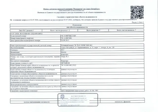 Квартира общей пл.30.3 кв.м., 1969 г.п. кадастровый номер 78:14:0007682:3185, расположенная по адресу: г. Санкт-Петербург, ул. Орджоникидзе, д. 31, корп. 1, литера А, кв. 126.