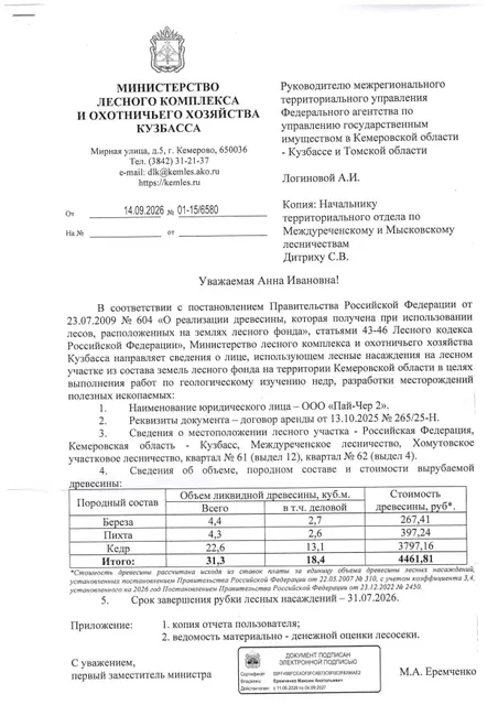 Береза (ОКПД2 02.20.12.114) – 4,4 куб.м., в том числе деловой 2,7 куб.м.; Пихта (ОКПД2 02.20.11.115) – 4,3 куб.м., в том числе деловой 2,6 куб.м.; Кедр (ОКПД2 02.20.11.114)  – 22,6 куб. м., в том числе деловой 13,1 куб. м; Итого: – 31,3 куб.м., в том числе деловой 18,4 куб.м.;