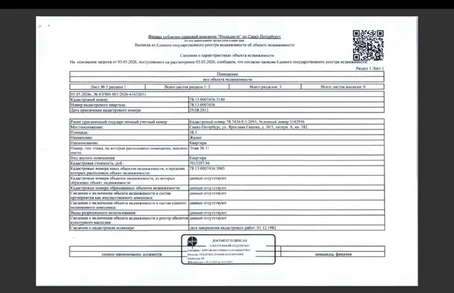1/2 доля в квартире общей площадью 38,10 кв.м., расположенной по адресу: г.Санкт-Петербург, ул. Ярослава Гашека, д. 30/5, литера А, кв.182., кадастровый номер 78:13:0007436:3140. Форма №7 и №9 от 25.03.2026 года, в квартире зарегистрировано 2 человека