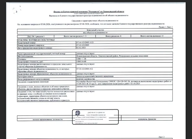 Земельный участок общей пл. 1388, (земли сельскохозяйственного назначения для ведение садоводства) кадастровый номер 47:14:1212003:1121, расположенный по адресу: Ленинградская область, Ломоносовский район, Ропшинское сельское поселение