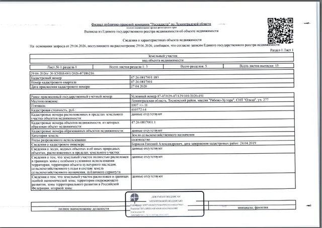 Земельный участок общей пл. 1007кв.м., расположенный по адресу: Ленинградская область, Тосненский район, массив "Рябово-Хутора", СНТ "Ольха", уч. 277  кад 47:26:0817001:183