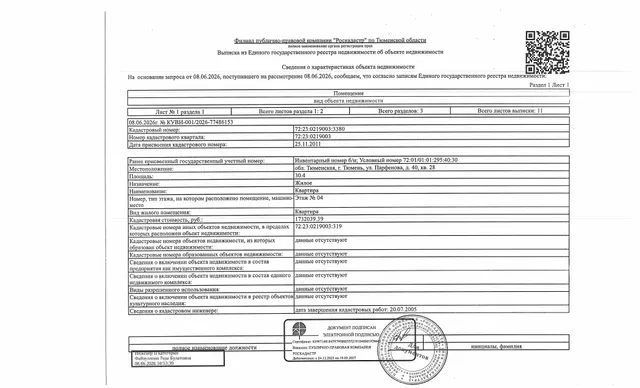 Жилое помещение, площадь 30,4 кв.м., кадастровый номер: 72:23:0219003:3380, г. Тюмень, ул. Парфенова, д. 40, кв. 28, рег.№ 72-012900;