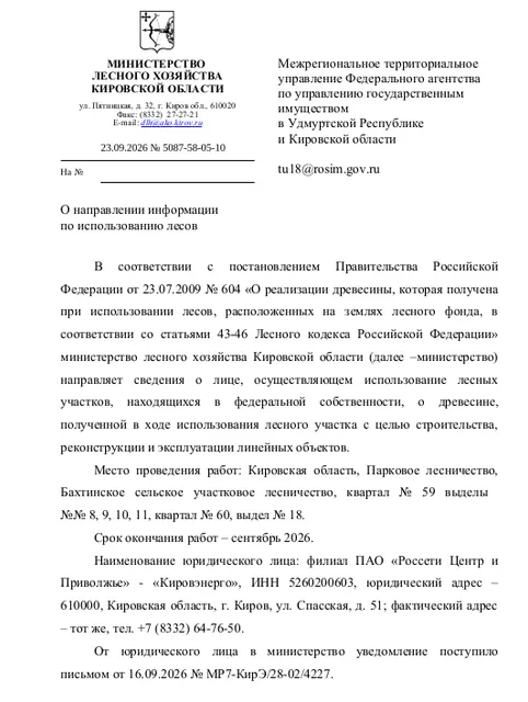 Лот № 31 – сосна: деловая - 86 куб.м, дровяная – 20,7 куб.м., ель: деловая - 58,8 куб.м, дровяная – 40,9 куб.м., береза: деловая – 18,9 куб.м, дровяная – 80,4 куб.м., осина: дровяная – 41 куб.м, ольха: дровяная – 5,8 куб.м, пихта: дровяная – 0,9 куб.м. Всего древесины: деловая - 163,70 куб.м, дровяная – 189,7 куб.м. (согласно данным письма Министерства лесного хозяйства Кировской области от 23.09.2026 № 5087 -58-05-10).