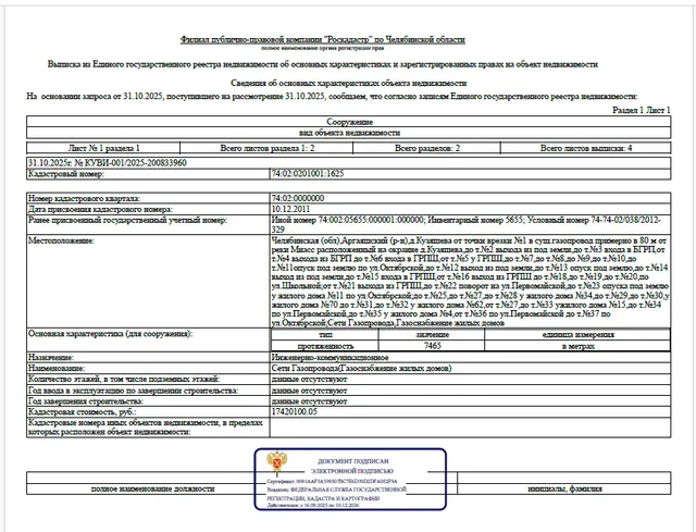 Сооружение - Сети Газопровода(Газоснабжение жилых домов), про-тяженностью – 7 465,0 м, кадастровый номер 74:02:0201001:1625, по адресу: Челябинская (обл),Аргаяшский (р-н),д. Кузяшева от точки врезки №1 в сущ.газопровод примерно в 80 м от реки Миасс расположенный на окраине д. Кузяшева, до т.№2 выхода из под земли, до т.№3 входа в БГРП, от т.№4 выхо-да из БГРП до т.№6 входа в ГРПШ, от т.№5 у ГРПШ, до т.№7,до т.№8,до №9,до т.№10,до т.№11опуск под землю по ул. Октябрской, до т.№12 выход из под земл