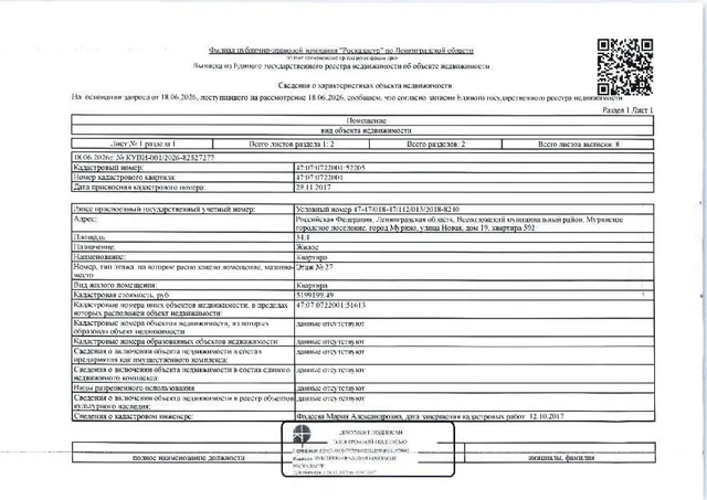 Квартира общей S 34,4 кв.м, кад. № 47:07:0722001:52205, расположенная по адресу: Ленинградская область, Всеволожский муниципальный район, Муринское городское поселение, город Мурино, улица Новая, дом 19, квартира 592