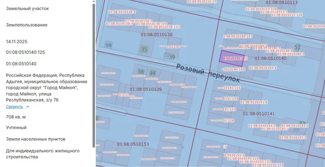 Право заключения договора аренды земельного участка сроком на 20 (двадцать) лет, с кадастровым номером 01:08:0510140:125, расположенного по адресу: Российская Федерация, Республика Адыгея, муниципальное образование городской округ «Город Майкоп», город Майкоп, улица Республиканская, з/у 76, с видом разрешенного использования – для индивидуального жилищного строительства.