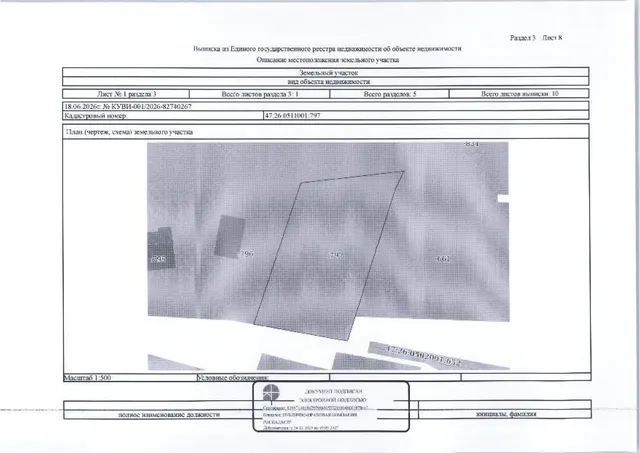 Земельный участок площадью 960 +/- 11 кв.м, кад. № 47:26:0511001:797, расположенный по адресу: Ленинградская область, муниципальный район Тосненский