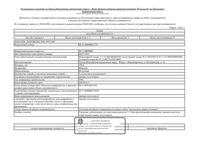 Нежилое здание (котельная), площадь 350,6 кв.м., кадастровый номер: 86:11:0000000:3779, г. Нижневартовск, п. Беловежский, д. 1/А, рег. № 26-608-ГМУ;