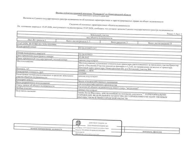 Повторные торги. Земельный участок площадью 450000 +/- 5870 кв. м, кадастровый №52:26:0110023:217, категория земель - земли сельскохозяйственного назначения, вид разрешенного использования - для сельскохозяйственного производства. Местоположение установлено относительно ориентира, расположенного за пределами участка. Ориентир - центр д. Подлесово. Участок находится примерно в 1,2 км, по направлению на восток от ориентира. Почтовый адрес ориентира: Нижегородская обл., Кстовский р-н, участок 4