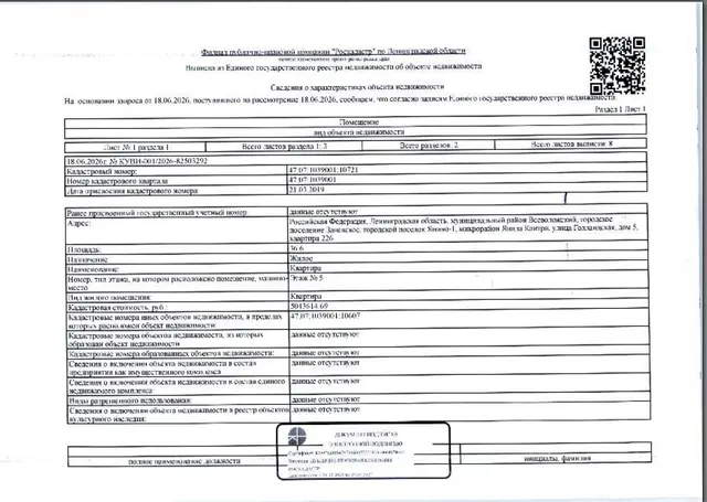 Квартира общей пл. 36.6 кв.м., кадастровый номер 47:07:1039001:10721, расположенная по адресу: Ленинградская область, м.р-н Всеволожский, г.п. Заневское, гп. Янино-1, мкр. Янила Кантри, ул. Голландская, д. 5, кв. 226.
