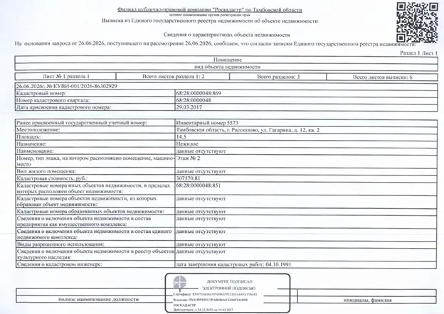 Помещение нежилое, кадастровый номер 68:28:0000048:869, площадь 14.5 кв. м, этаж №2, вид права: собственность, адрес (местоположение): Тамбовская область, г. Рассказово, ул. Гагарина, д. 12, кв.2