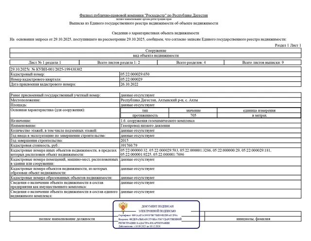 Надземный газопровод низкого давления кадастровый номер: 05:22:000029:650