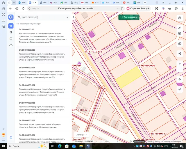 На право заключения договора аренды земельного участка с кадастровым номером 54:37:010353:33, местоположение установлено относительно ориентира, расположенного в границах участка. Почтовый адрес ориентира: обл. Новосибирская, г. Татарск, ул. Геодезическая, дом 13,