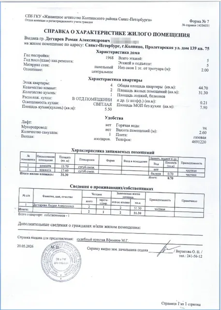 Арестованная в пользу взыскателя АО «ТБанк», принадлежащая должнику Дегтяреву Р.А.квартира, кад.№78:37:1710101:6014, общ.пл. 44,7 кв.м., расположенная по адресу: Санкт-Петербург, г. Колпино, ул. Пролетарская, д. 139, литера. А, кв. 75