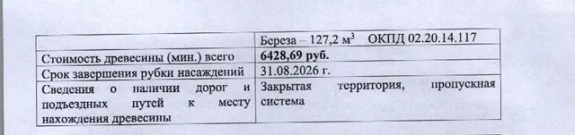Лот № 2/15 - Количество и породный состав древесины: 236 куб.м., 9Б1Е, в т.ч. ель — 23,8 куб.м. (ОКПД 02.20.11.112), береза — 85 куб.м. (ОКПД 02.20.12.114), береза — 127,2 куб.м. (02.20.14.117).