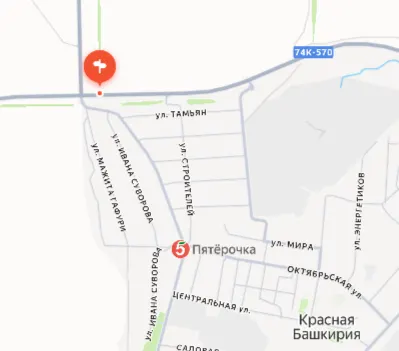 РФ, РБ, Абзелиловский район, СП Краснобашкирский сельсовет, а/д Магнитогорск-Аэропорт, на   6 км + 780 м, по направлению движения в Аэропорт