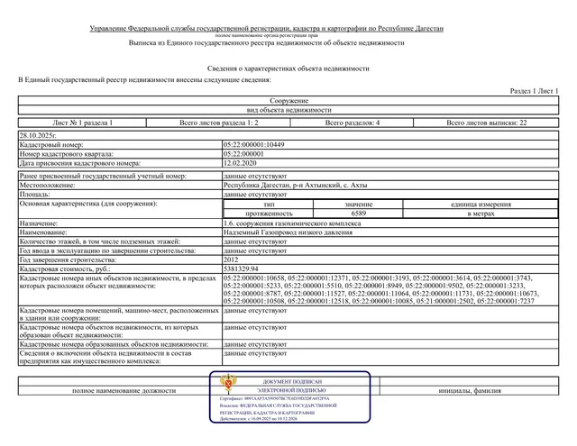Надземный газопровод низкого давления кадастровый номер: 05:22:000001:10449