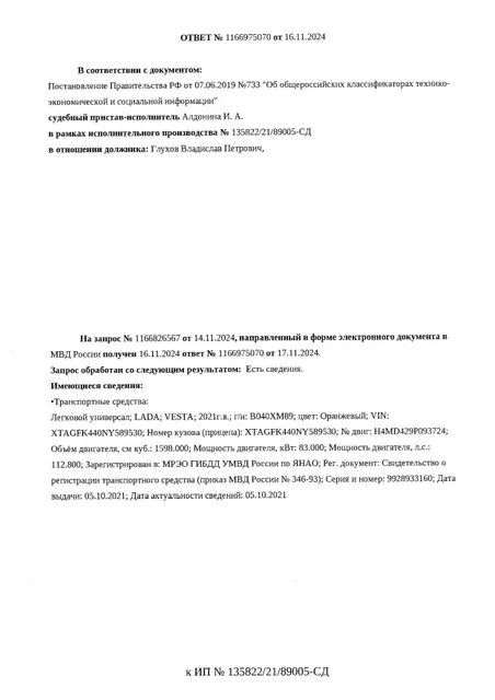 Транспортная средство, легковой универсал LADA VESTA, 2021 г.в., г/н В040ХМ89, VIN XTAGFK440NY589530, рег.№ 26-131;