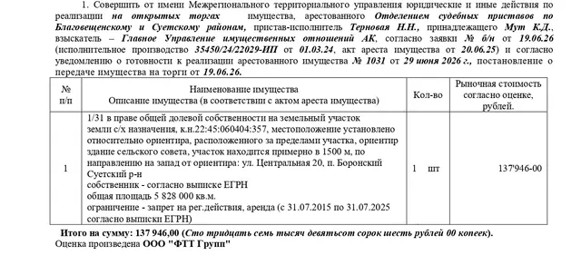 1/31 в праве общей долевой соб-ти на зем. участок, земли с/х назначения для с/х производства, кад. №22:45:060404:357, общая площадь 5828000 кв.м., место-ние установлено относ. ориентира, располож. за пределами участка, ориентир здание сельского совета, участок нах-ся примерно в 1500 м, по напр. на запад от ориентира: ул. Центральная 20, п. Боронский Суетский р-н. Нач.цена 117254,10 руб. (Мут К.Д., запрещ. регистрации, аренда (с 31.07.2015 по 31.07.2025 согласно выписки ЕГРН) (1031) (повторные)