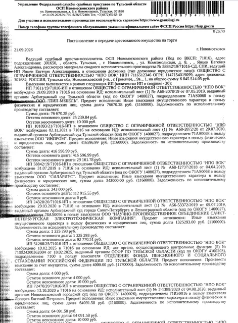 Грузовой фургон А 010801, 2013 г.в., г/н К648НН777, VIN X6FA01081D0000008, царапины, сколы, ржавчина по всей поверхности, колеса сдуты, лобовое стекло треснуто. Место хранения: г. Узловая, ул. 2-я Каменецкая, «Автотехцентр». Ответственный хранитель Давидян А.Р. Взыскатель: ООО «ПИП-Мебель», ООО «Инпром» и др. Должник: ООО «НПО ВОК».