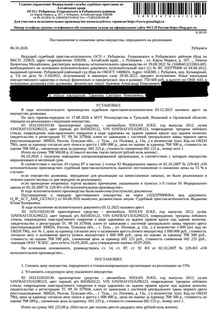 Легковой универсал NISSАN JUКЕ, г.в. 2012, цвет черный; г/н B410EH122, VIN SJNFBAF15U6290223, трещина лобового стекла, царапина на заднем правом крыле над задним колесом, ключ от зажигания с системой центрального замка черного цвета. Место хранения: г. Тула, ул. Полевая, 13а. Ответственный хранитель ООО «Техинвестстрой». Взыскатель: Таранова С.Н. Должник: Крячков А.Н.