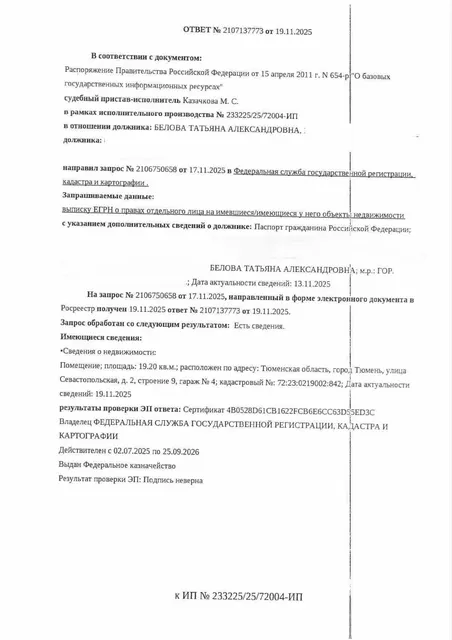 Нежилое помещение, площадь 19,2 кв.м., кадастровый номер: 72:23:0219002:842, г. Тюмень, ул. Севастопольская, д. 2, стр. 9, гараж 4, рег.№ 72-012343;