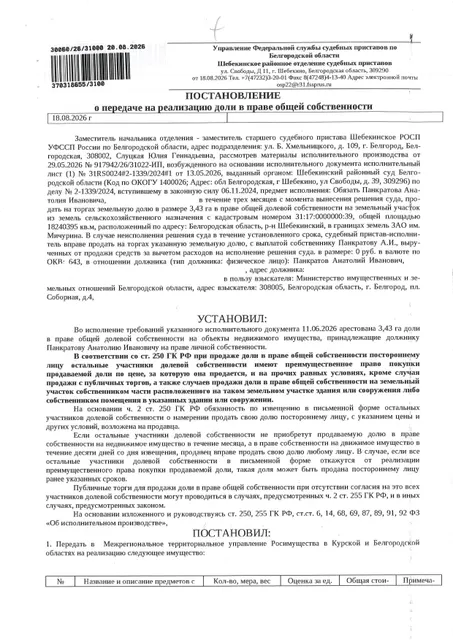 3,43 га доли в праве общей долевой собственности на земельный участок площадью 18240395 кв. м, кадастровый номер 31:17:0000000:39.  Имущество обременено: арест, запрещение регистрации. Имущество принадлежит на праве собственности Панкратову А.И. Взыскатель: Министерство имущественных и земельных отношений Белгородской области. Основание реализации: исполнительный лист Шебекинского районного суда Белгородской области по делу № 2-1339/2024 от 03.10.2024.