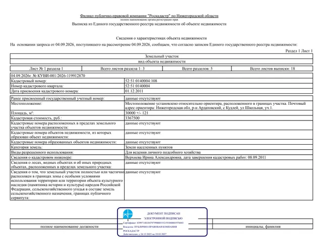 Земельный участок площадью 30000 ± 121 кв. м, кадастровый (или условный) номер 52:51:0140004:108, категория земель - земли населенных пунктов, вид разрешенного использования - для ведения личного подсобного хозяйства. Местоположение установлено относительно ориентира, расположенного в границах участка. Почтовый адрес ориентира: Нижегородская обл., Ардатовский р-н, с. Кудлей, ул. Школьная, участок 1
