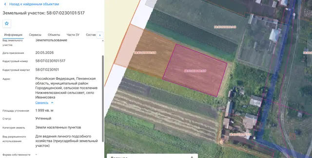 Продажа права на заключение договора аренды земельного участка, выраженного в виде ежегодной арендной платы  с кадастровым номером 58:07:0230101:517, местоположение – Российская Федерация, Пензенская область, муниципальный район Городищенский, сельское поселение Нижнеелюзанский сельсовет, село Иванисовка