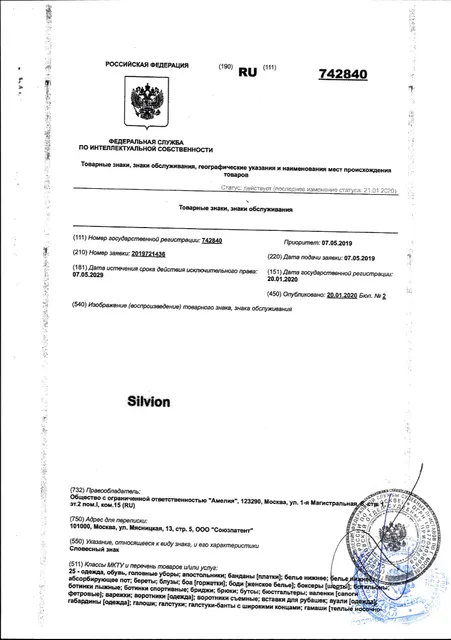 Товарный знак Silvion (регистрационный номер 742840, приоритет 07.05.2019. дата истечения срока действия исключительного права 07.05.2029),